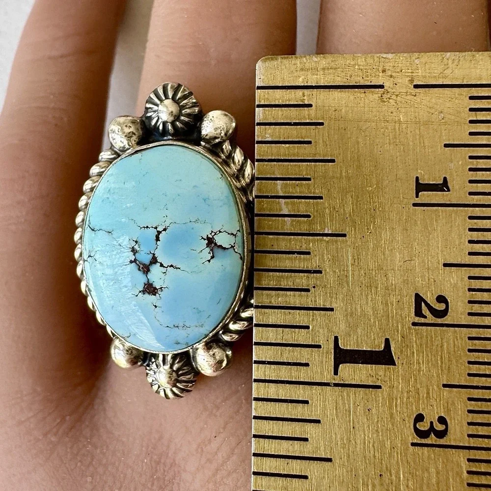 Navajo Blue Golden Hils Turquoise Ring Size 9 Signed Shakey Sterling Native Amer